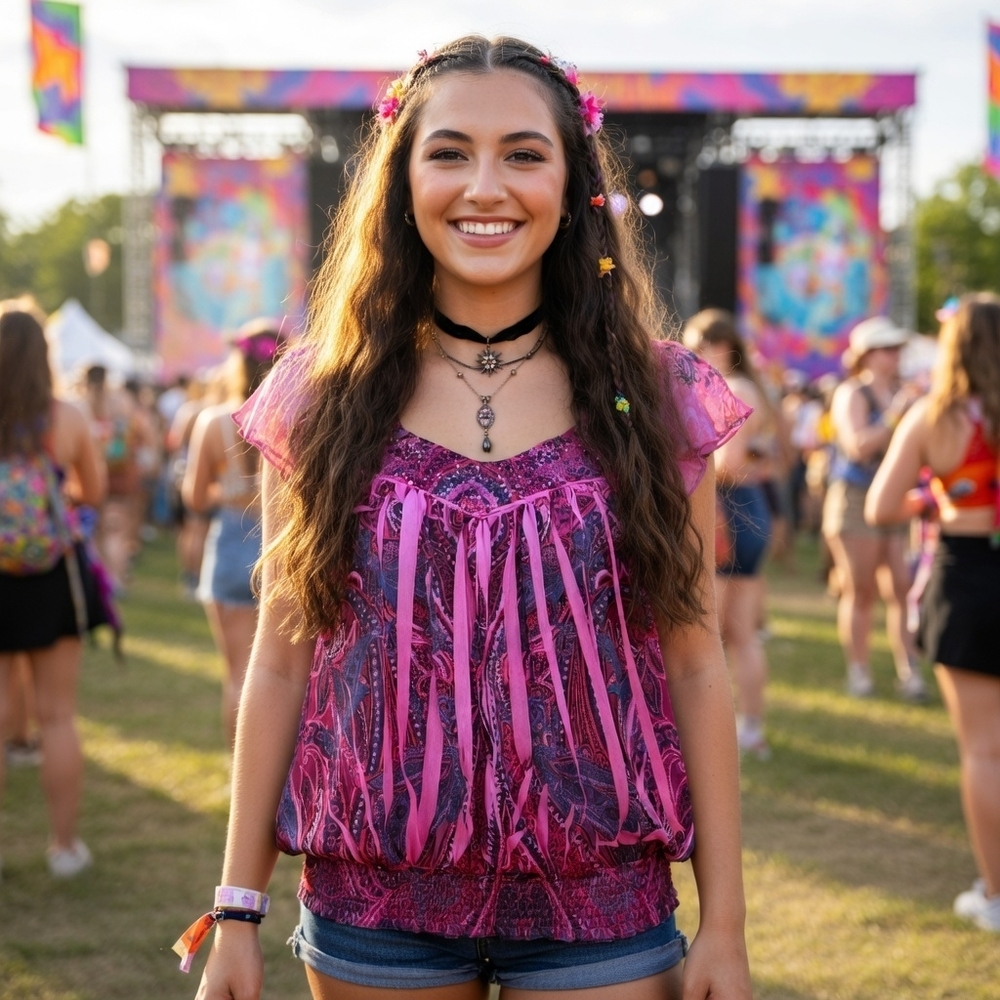 PXL One World Boho Angel Fairy Wing Petite Pink Purple Beaded Floral Paisley Top